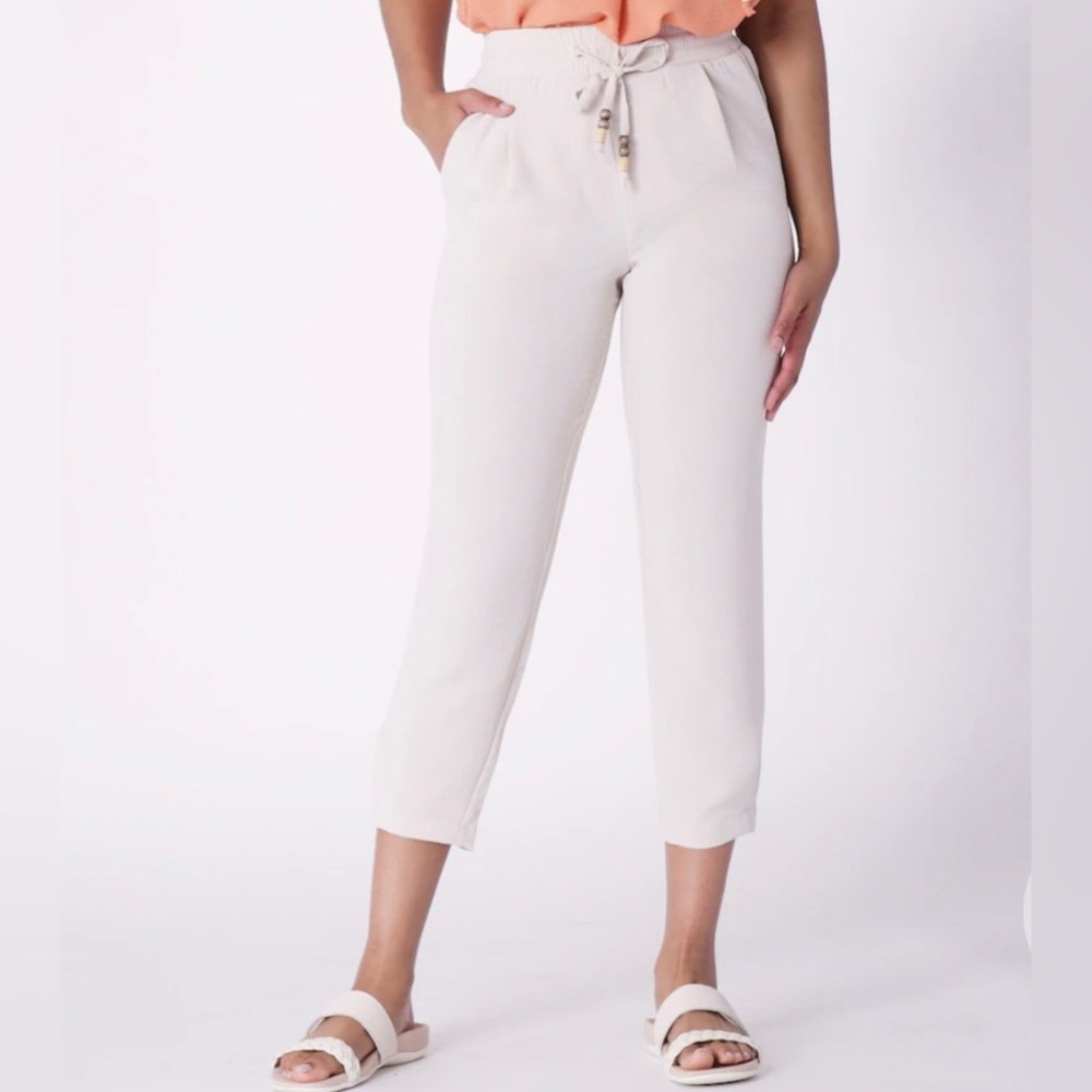 Everyday Jones Drapey Linen Texture Drawstring Pant Sz 8 Beige High Waist New